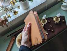 Load image into Gallery viewer, A unique luxury handmade leather passport holder made in Vancouver. It can hold up to four passports, boarding passes and payment cards. Perfect for a solo or a parent traveller.