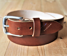 Load image into Gallery viewer, Handmade leather belt in brown color with silver buckle - casual and smart for men and women with stitches on edge