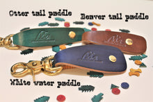 Load image into Gallery viewer, Handmade leather key chains paddle shape beaver tail, otter tail, white water tail, unique paddle shape gift, made in Vancouver Canada

