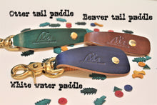 Load image into Gallery viewer, Handmade leather key chains paddle shape beaver tail, otter tail, white water tail, unique paddle shape gift, made in Vancouver Canada