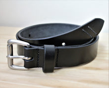 Load image into Gallery viewer, Handmade leather belt in black color with silver buckle - casual and smart for men and women with stitches on edge
