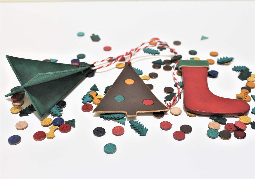 Christmas tree ornaments, hand made in Vancouver - leather made in Canada